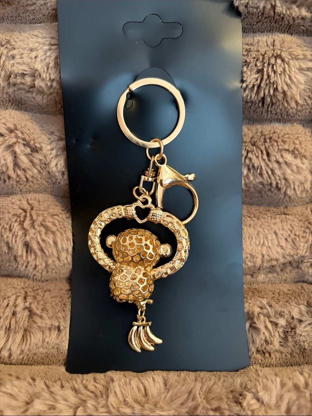 Gold-Tone Pink Crystal Monkey Keychain Charm - Picture 2 of 4